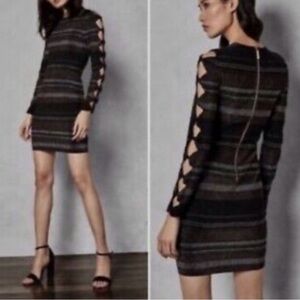NWT Simona Black and Silver Metallic Lurex Stripped Bow Detail Bodycon Dress